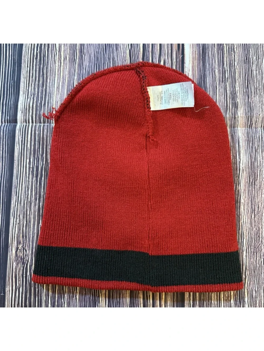 Nike Beanie Knit Hat Black Red Striped Swoosh Logo Youth One Size Unisex